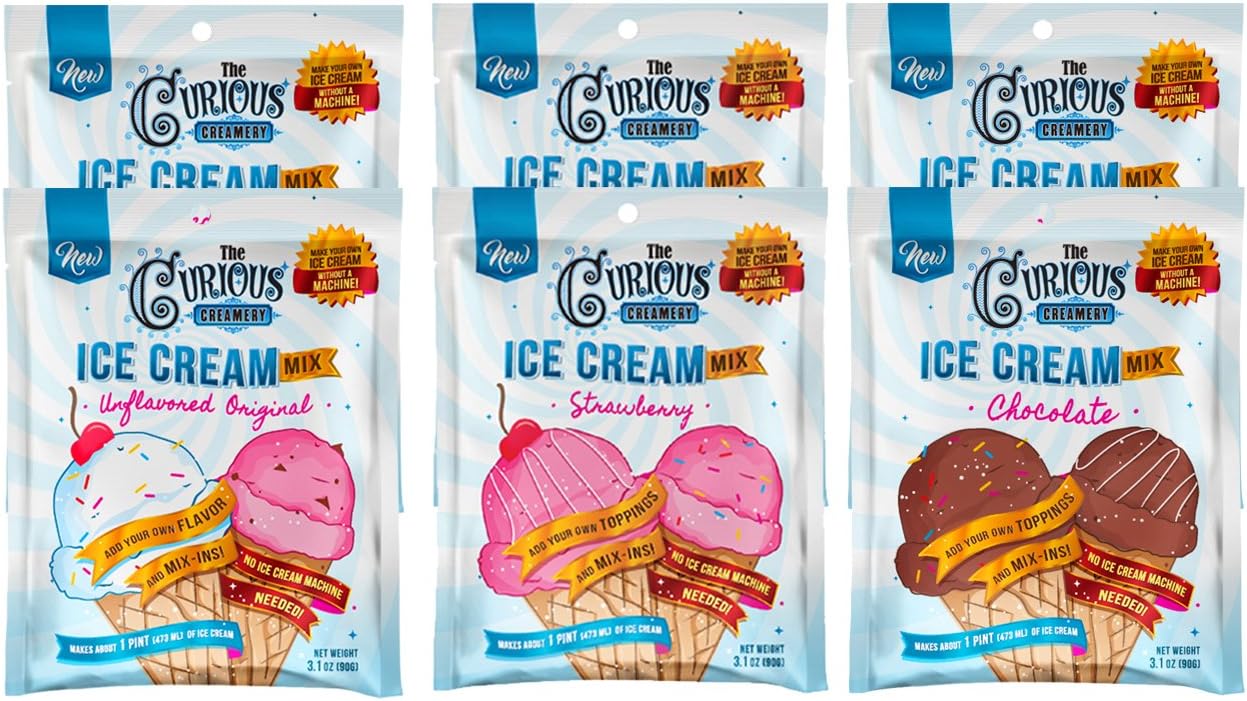 The Curious Creamery Ice Cream Mix Sampler, Chocolate, Strawberry and Unflavored Original, 6-pack (six 90 gram pouches)