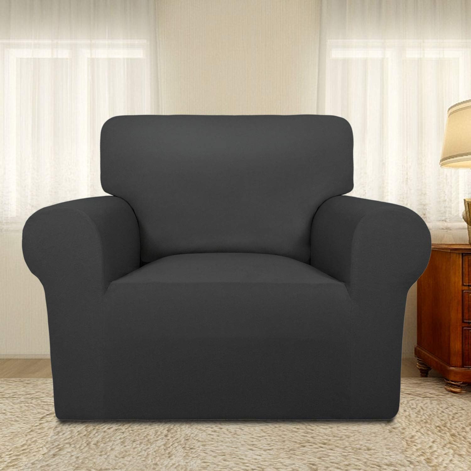 PureFit Super Stretch Chair Sofa Slipcover – Spandex Non Slip Soft Couch Sofa Cover, Washable Furniture Protector with Non Skid Foam and Elastic Bottom for Kids, Pets （Chair， Dark Gray）: Kitchen & Dining