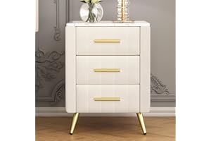 FammyLoft Nightstand with 3 Drawers, Upholstered Bedside Table with Marbling Top, Wooden Night Stand with Metal Legs, Sofa En