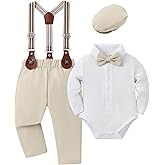 YUEMION Baby Boy Clothes Wedding Outfit Infant Tuxedo Gentleman Suits Dress Shirt+ Beret Hat +Suspender Pants +Bowtie 0-18M