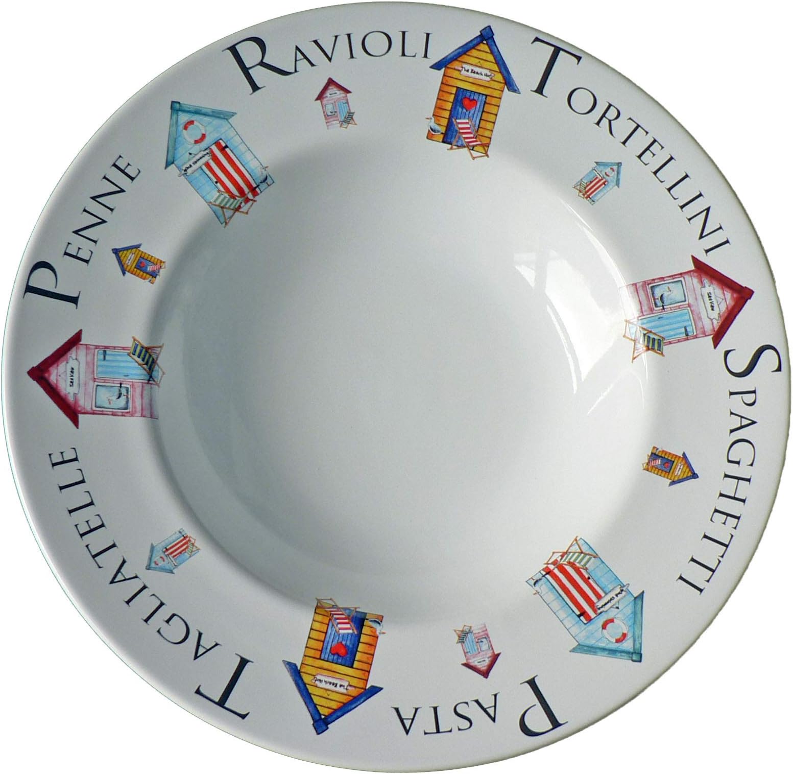 Beach Hut Design Pasta Bowl. 27cm 10.5" Large Bowl with Wording and Beach Huts Design