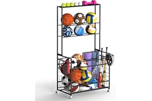 Sports Equipment Organizer Garage Ball Storage Rack for Sports Gear and Toys, Basketball Holder Stand with Basket and Hooks R