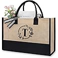 TOPDesign Personalized Initial Jute/Canvas Beach Bag, Monogrammed Gift Tote Bag for Women