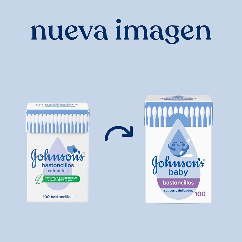 Cotonetes johnson's baby para bebês, crianças e adultos (1 caixa x 100), cotonetes com pontas de algodão 100% puro e palitos de papel 100%