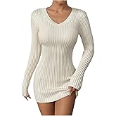 OYOANGLE Women's Ribbed Knit Bodycon Sweater Dress Deep V Neck Long Sleeve Skinny Mini Dresses