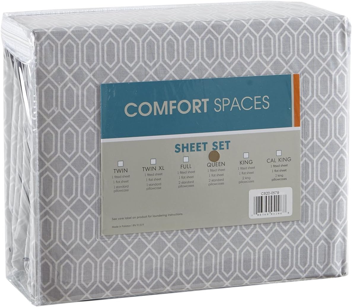 Comfort Spaces 100% Cotton Percale 4 Piece Set Ultra Soft Breathable Deep Pocket Printed Geometric Pattern Sheets with Pillow Cases Bedding, Full, Diamond Tasha Grey: Home & Kitchen