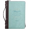 Light Blue and Brown Faux Leather Fashion Bible Cover | Blessed is She Who Has Believed Luke 1:45 | Bible Case Book Cover for