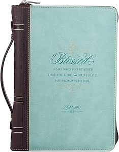 Light Blue and Brown Faux Leather Fashion Bible Cover | Blessed is She Who Has Believed Luke 1:45 | Bible Case Book Cover for Women, Large