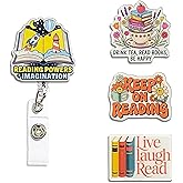 (4PCS) Live Laugh Read Badge Reels Retractable, Name Badge Holder Reel ID Clip, Readers Book Lover Bookish Booktok Pediatric Decorative Gifts for Readers Nurses Office Worker Teacher Student