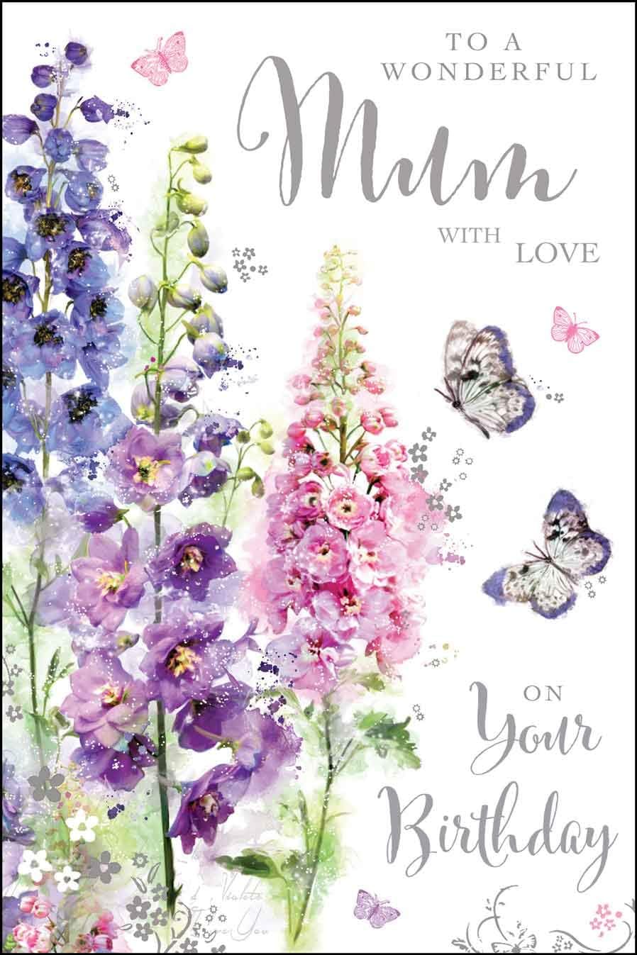 Jonny Javelin Artistic Mum Birthday Card (JJ-SG10) - Pretty Purple Flowers - Foil & Flitter Finish - Secret Garden Range