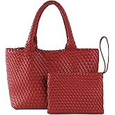 SporGenius Woven Tote Bag for Women, Vegan Leather Handwoven Bags with Small Purse, Large Braided Purses Top Handle Handbags