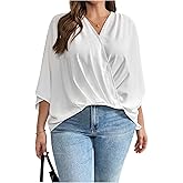 Floerns Women's Plus Size Wrap Front Blouses 3/4 Sleeve V Neck Elegant Dressy Shirts