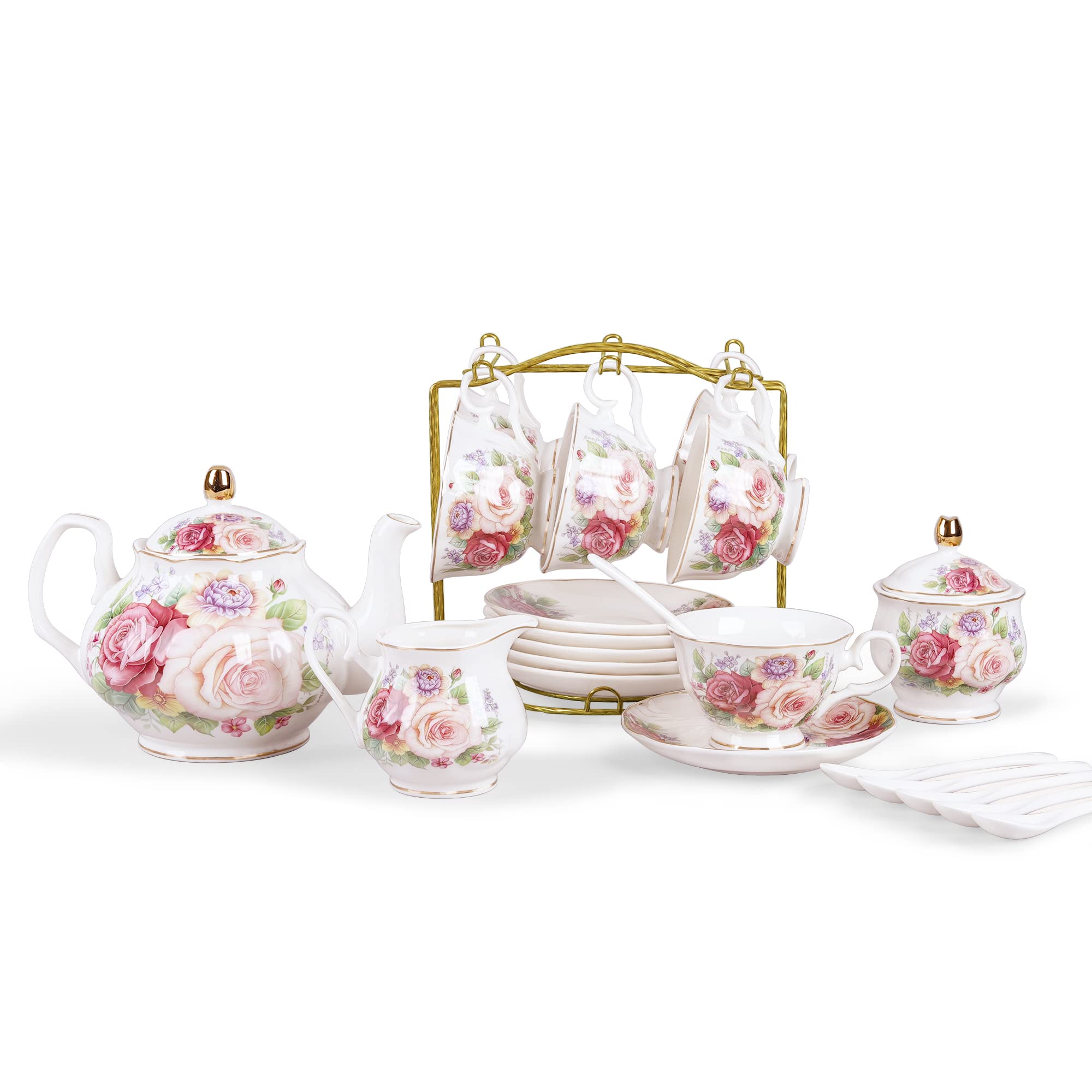 Photo 1 of fanquare European Porcelain Coffee Set, Pink Women Tea Set, Bone China Tea Set, Vintage Floral Coffee Tea Pot with Cups