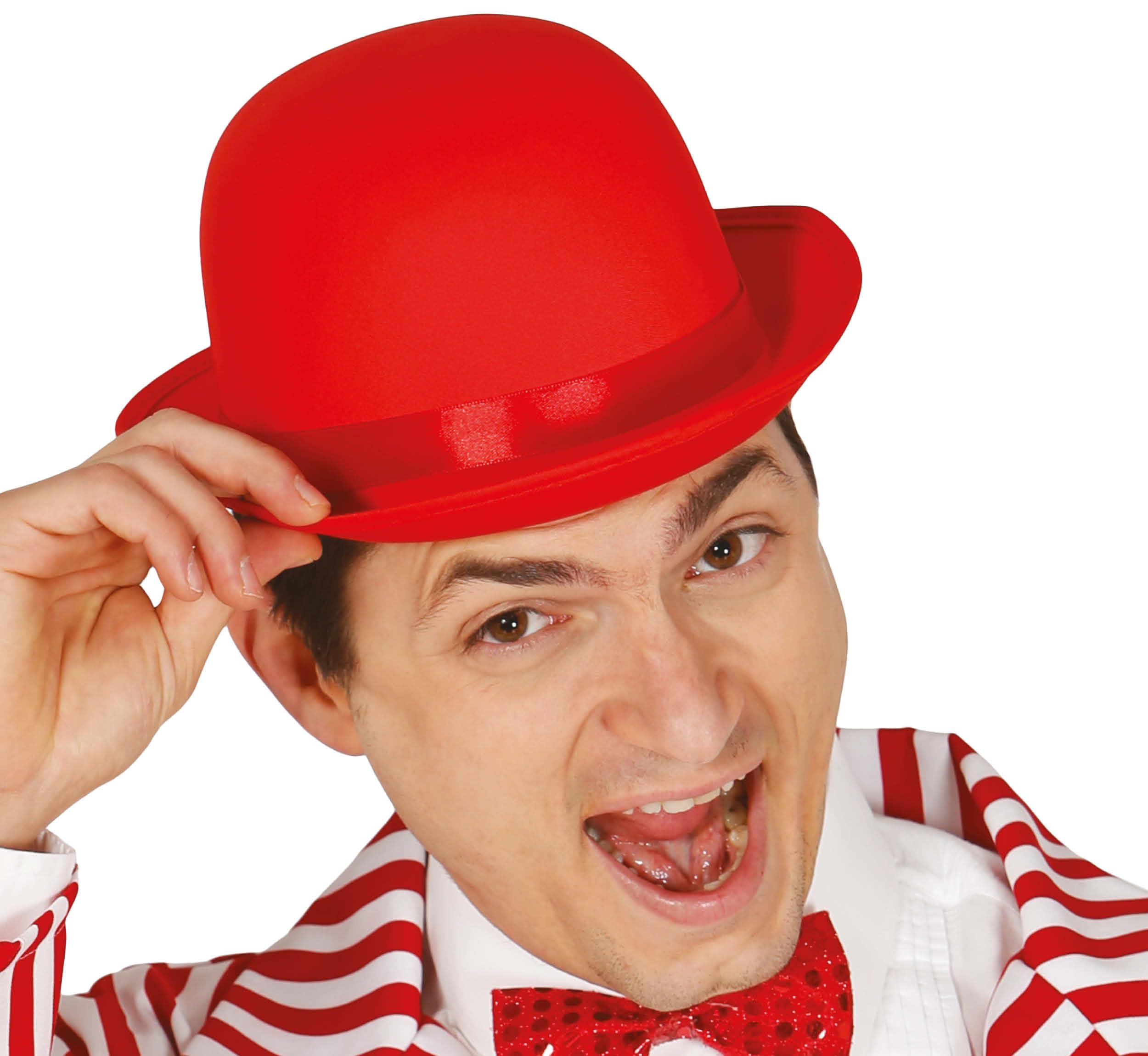 FIESTAS GUIRCA Adult Satin Deluxe Bowler Hat Red Clown Fancy Dress Up Colourful Hat Halloween Cosplay World Book Day Circus Fancy Dress Unisex One Size