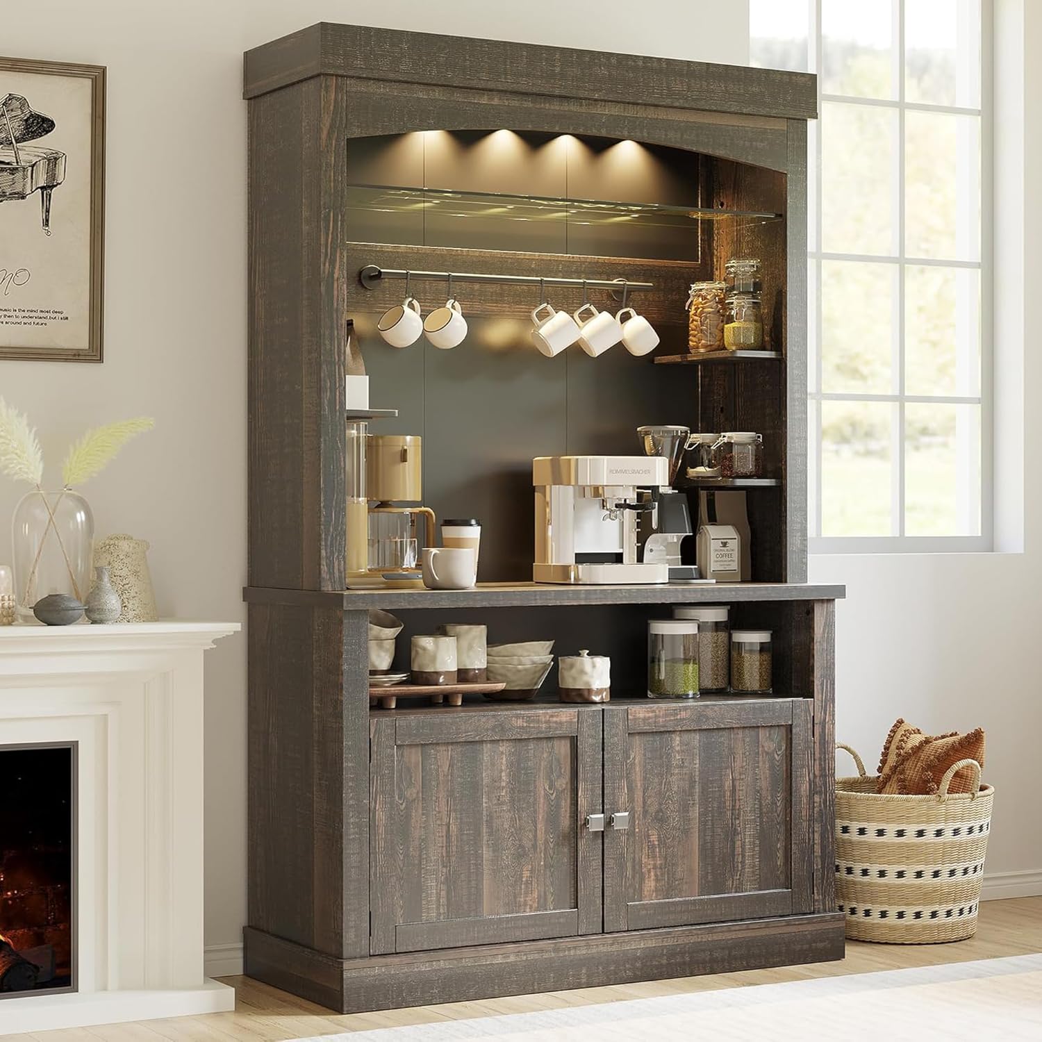 Photo 1 of ***NOT A COMPLETE SET ****GarveeHome Coffee Bar Cabinet with LED Lights 72 in Tall Buffet Cabinet with Storage Farmhouse Kitchen Sideboard Tall Coffee Hutch with Microwave Stand/Wine Rack/Glass Shelf Dining Room (Oak Black)