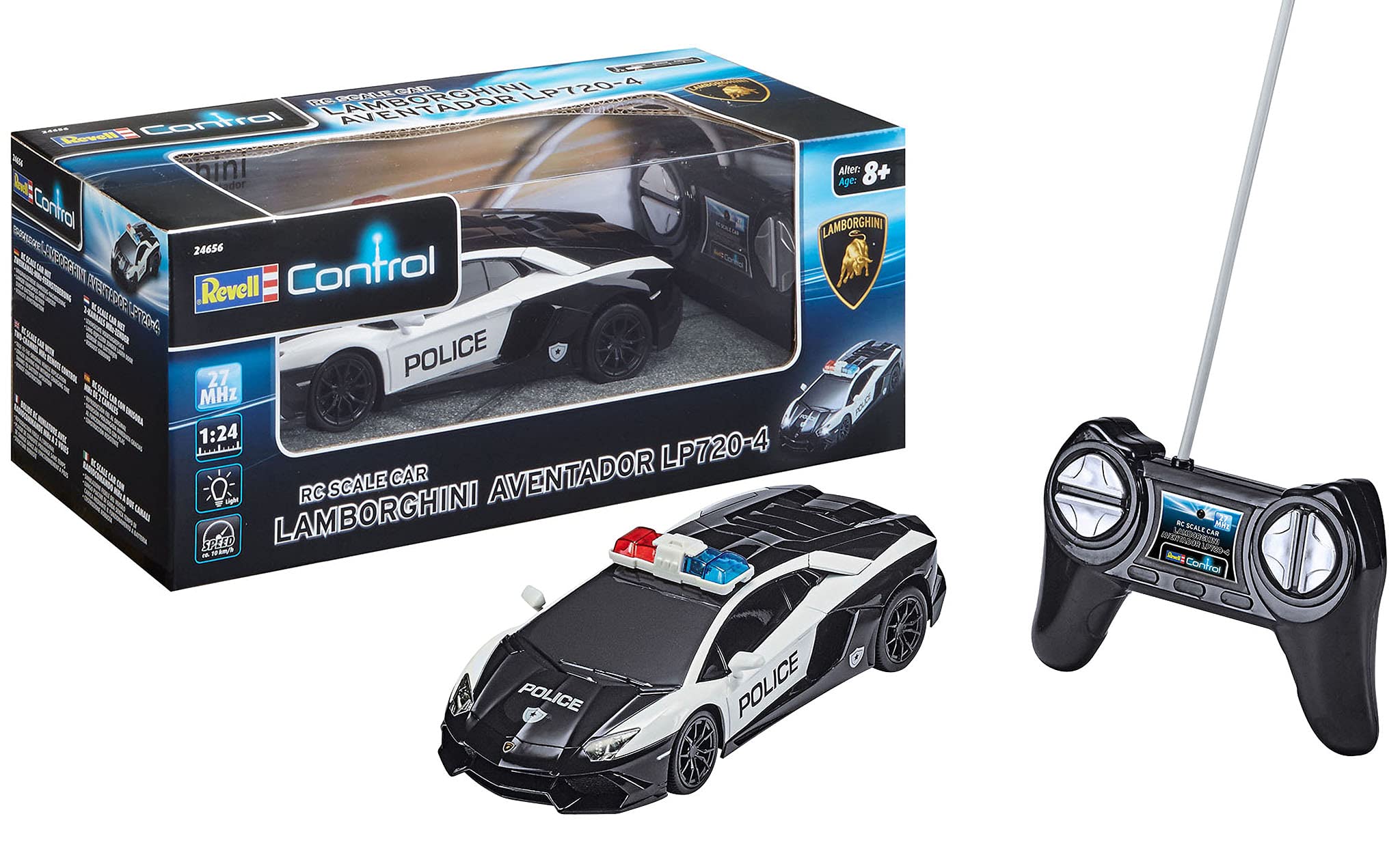 Revell Control 24656 - RC Police Car "Lamborghini" - remote controlled police car with MHz remote control, 1:24, detailed body, front and rear light, front suspension, rear wheel drive