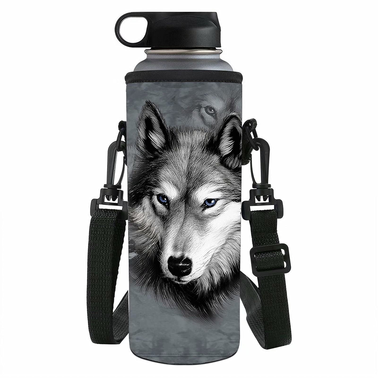 NETILGEN Grey Wolf Water Bottle Holder Neoprene Insulated Cover Adjustable Shoulder Strap for Daily Walking,Hiking and Other Outdoor Activities 1L 1L Watter Bottle Carrier Bags