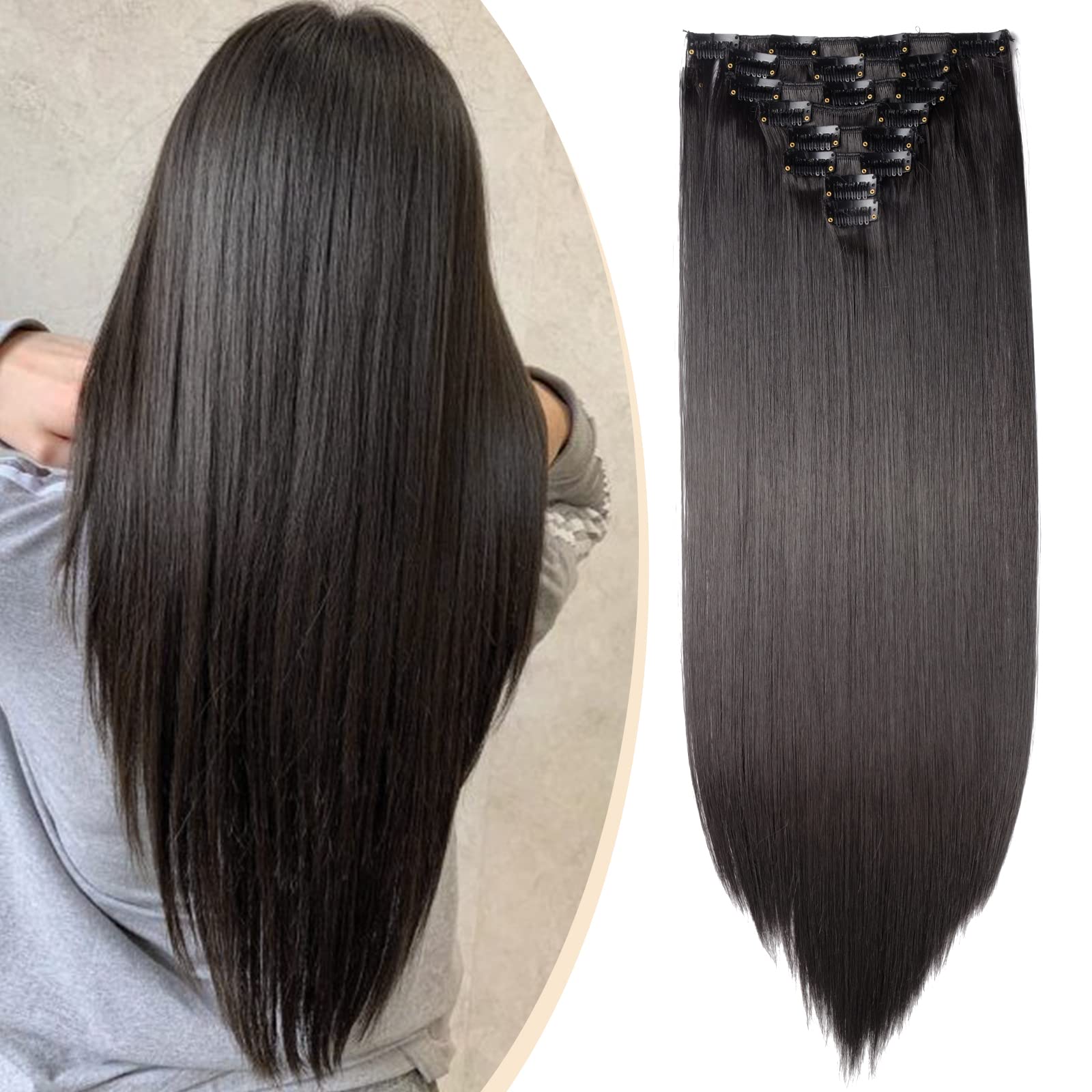 S-noilite 17-26 Inches(43-66cm) 8pcs Long Full Head Clip In Hair Extensions Extension Sexy Lady Fashion Choice 60 Colours (23 Inches-Straight, Natural Black)