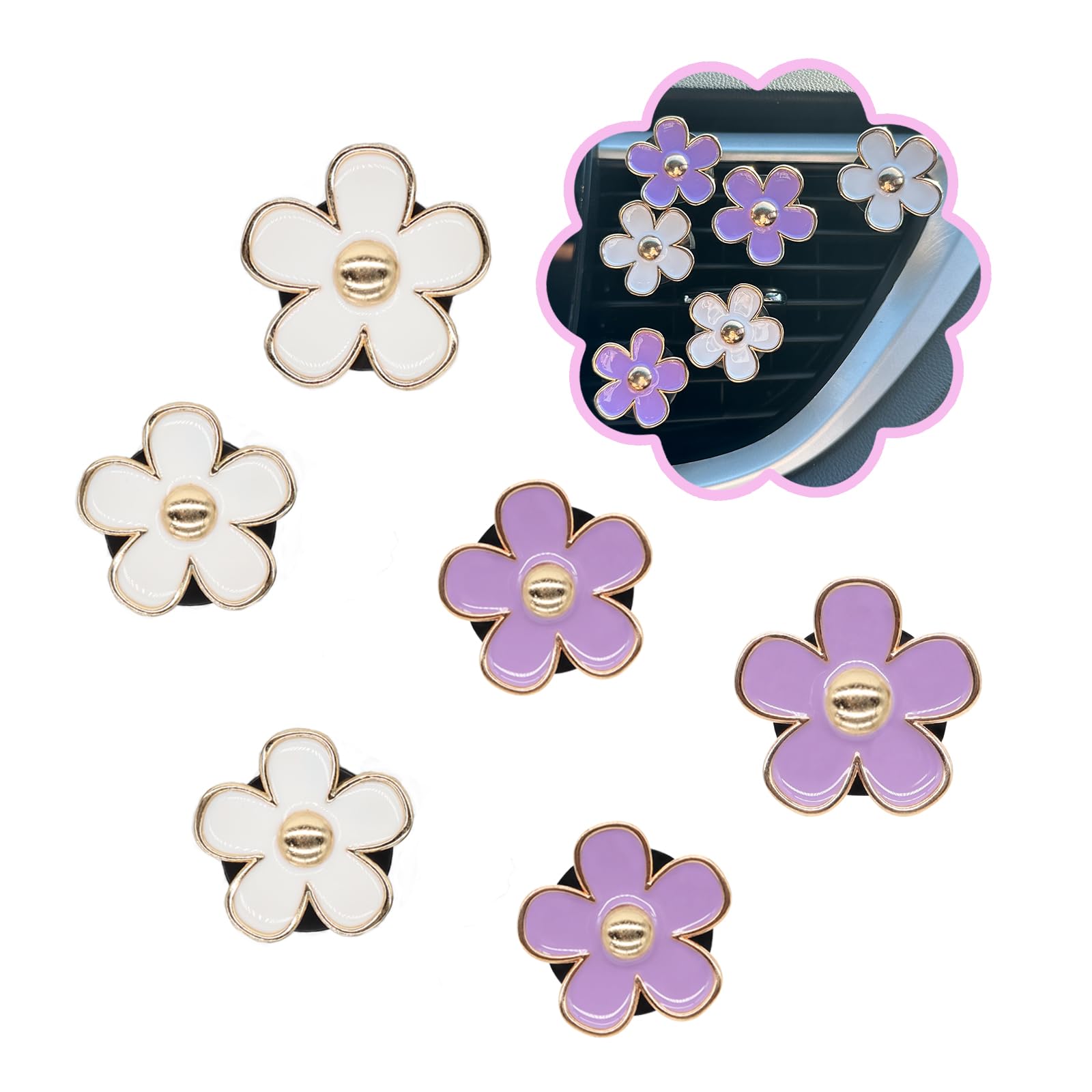 Photo 1 of ORIESSE 6pcs Flowers Car Air Freshener Vent Clips Purple White Daisy Air Vent Clip Car Accessories for Women 3.3cm/3cm Flower Vehicle Interior Decor Refillable Diffuser