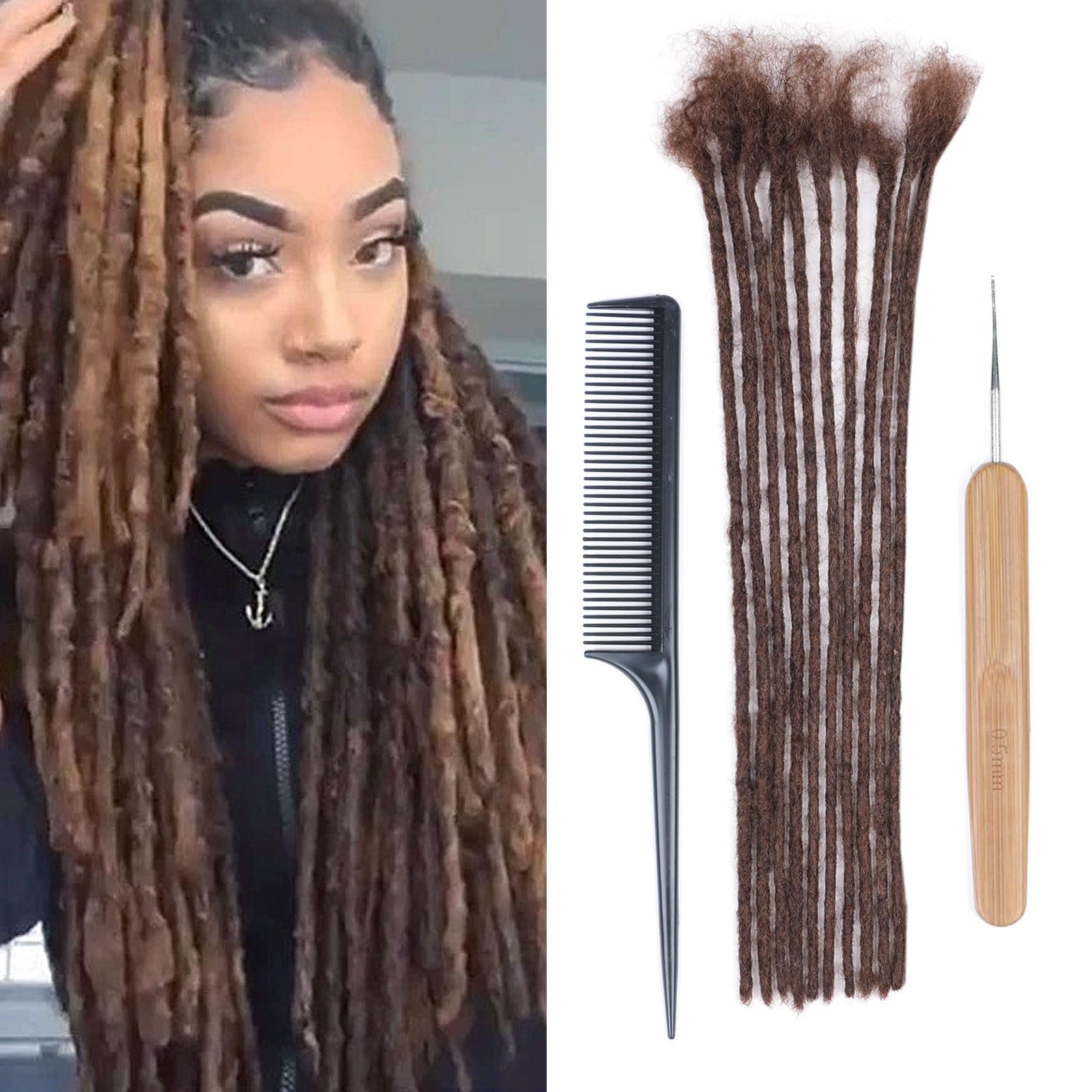 Huarisi 12 Inch Brown Dreadlocks Extensions Human Hair 0.2cm 10 Strands Thin Loc Extensions Real Hair Color 4 Full Handmade Permanent Human Hair Dreadlock Extensions Men — image 1