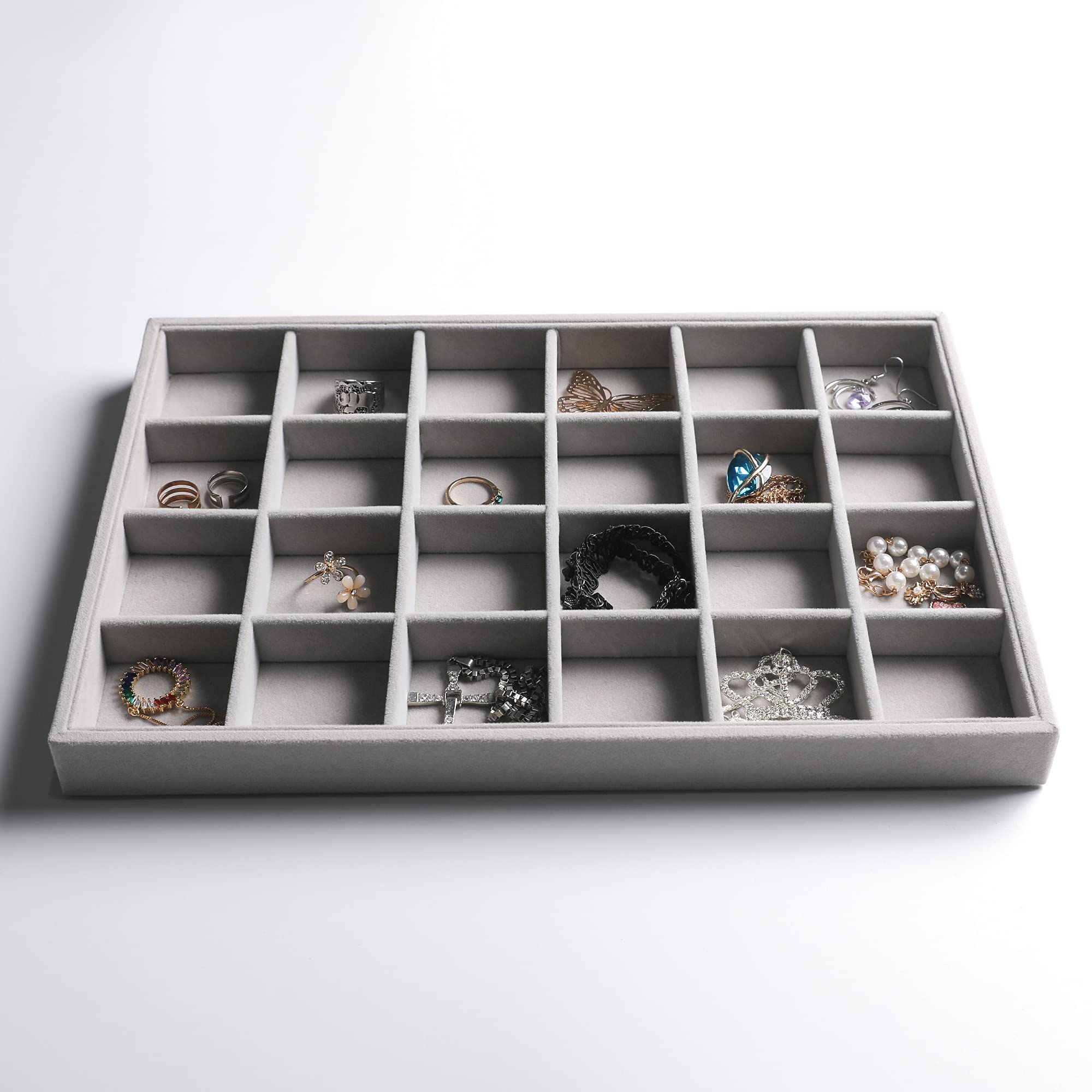 Stackable Velvet Jewelry Organizer Trays for Drawers Inserts Jewelry Storage Tray Display Case Earrings Bracelets Necklace Rings Accessories Trays for Women Girls(Set of 4)(Grey).