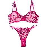 Lilosy Sexy Underwire Cute Push Up Strappy Embroidered Mesh Sheer Lingerie Set See Through Panty Bra