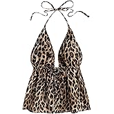 SweatyRocks Women's Y2K Leopard Print Halter Tank Top Backless Tie Knot Ruffle Camisole