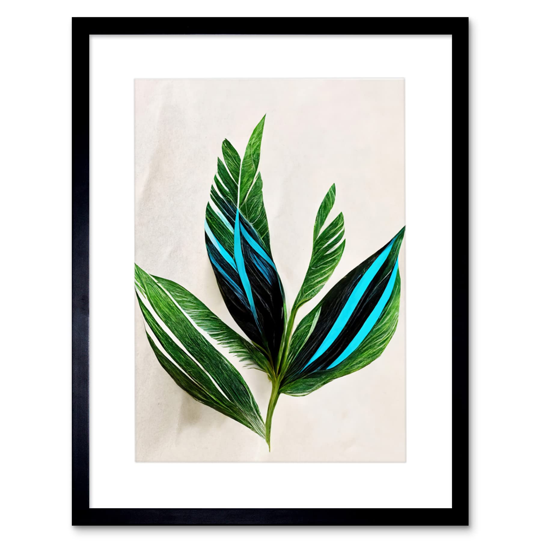 Wee Blue Coo Tropical Plant Feathery Leaves Green Turquoise Simple Botanical Illustration Artwork Framed Wall Art Print 12X16 Inch