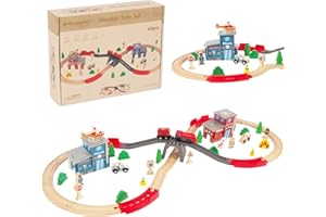 WoodenEdu Wooden Train Set for Toddler - 60 Pcs- with Wooden Tracks fits Thomas, fits Brio, fits Chuggington, fits Melissa and Doug - Expandable, Changeable-Train Toy for 3 4 5 Years Old Girls & Boys