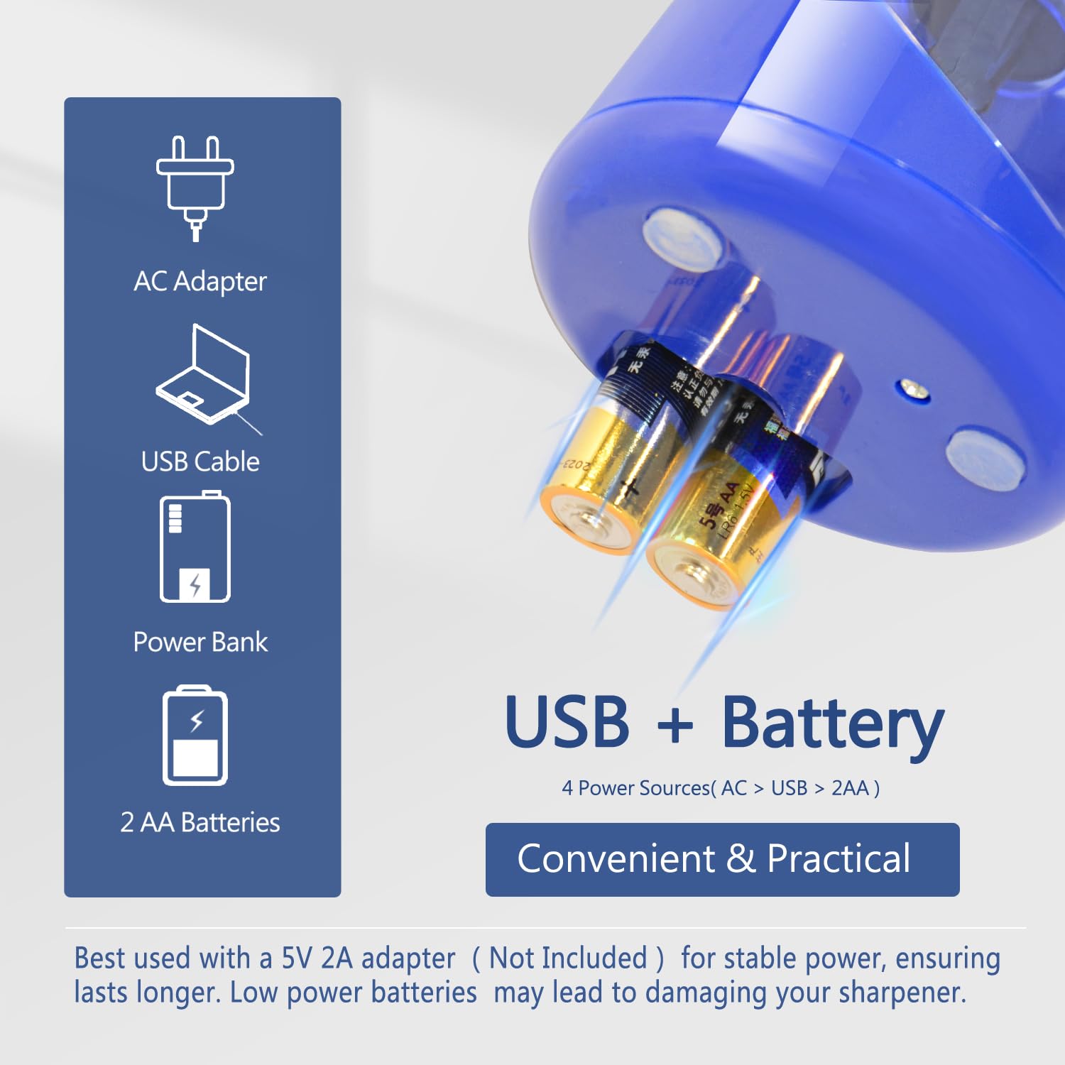 Electric Pencil Sharpener, Battery (Not lncluded) or USB Powered Small Portable for NO2 Pencils, Automatic for Home and Office (Dark Blue)