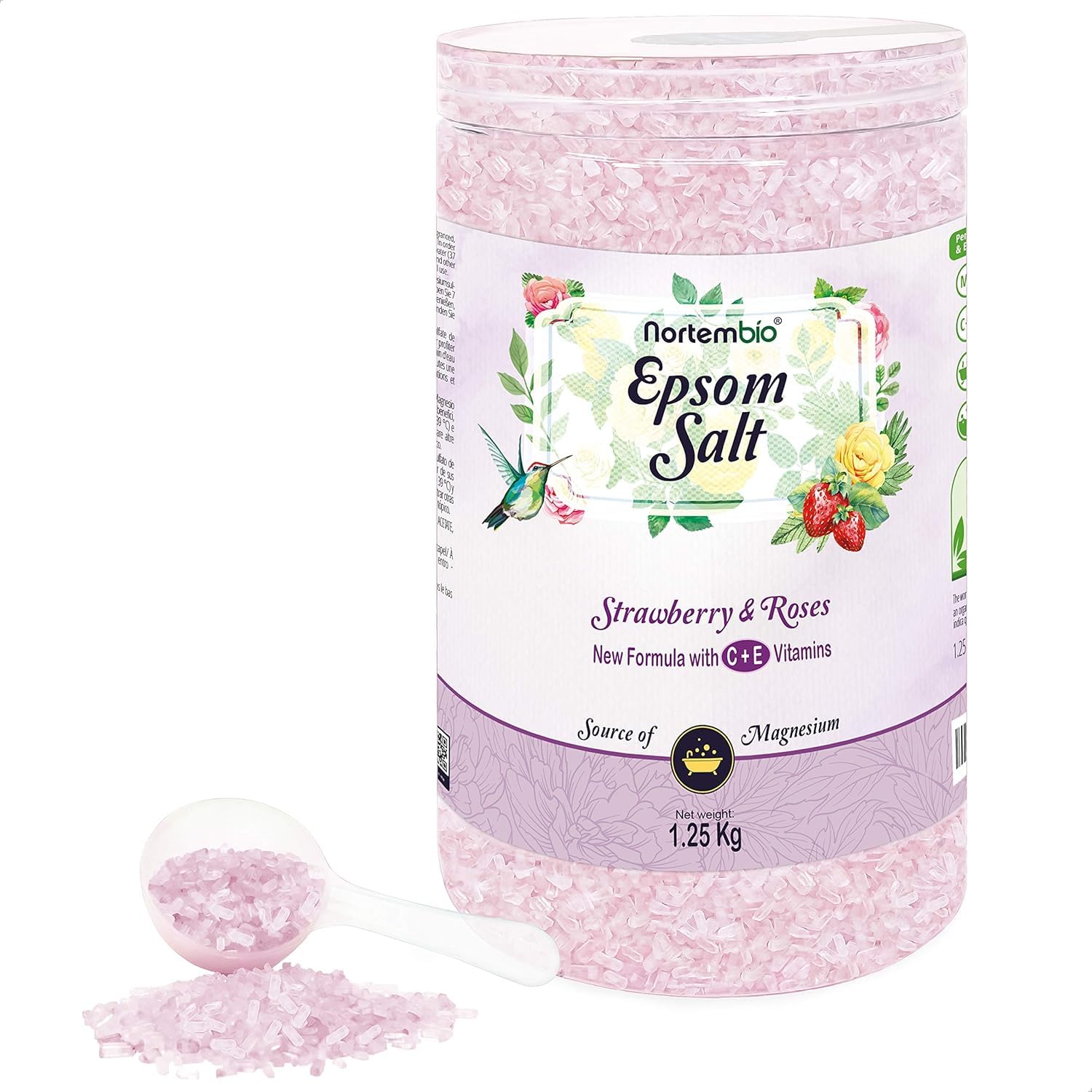 Nortembio Epsom Salt 100% Strawberry & Rose Fragrance 1,25 kg – Natural Source of Magnesium | with Moisturizing Vitamin C & E | for Relaxing Baths, Spa & Skincare + Free E-Book