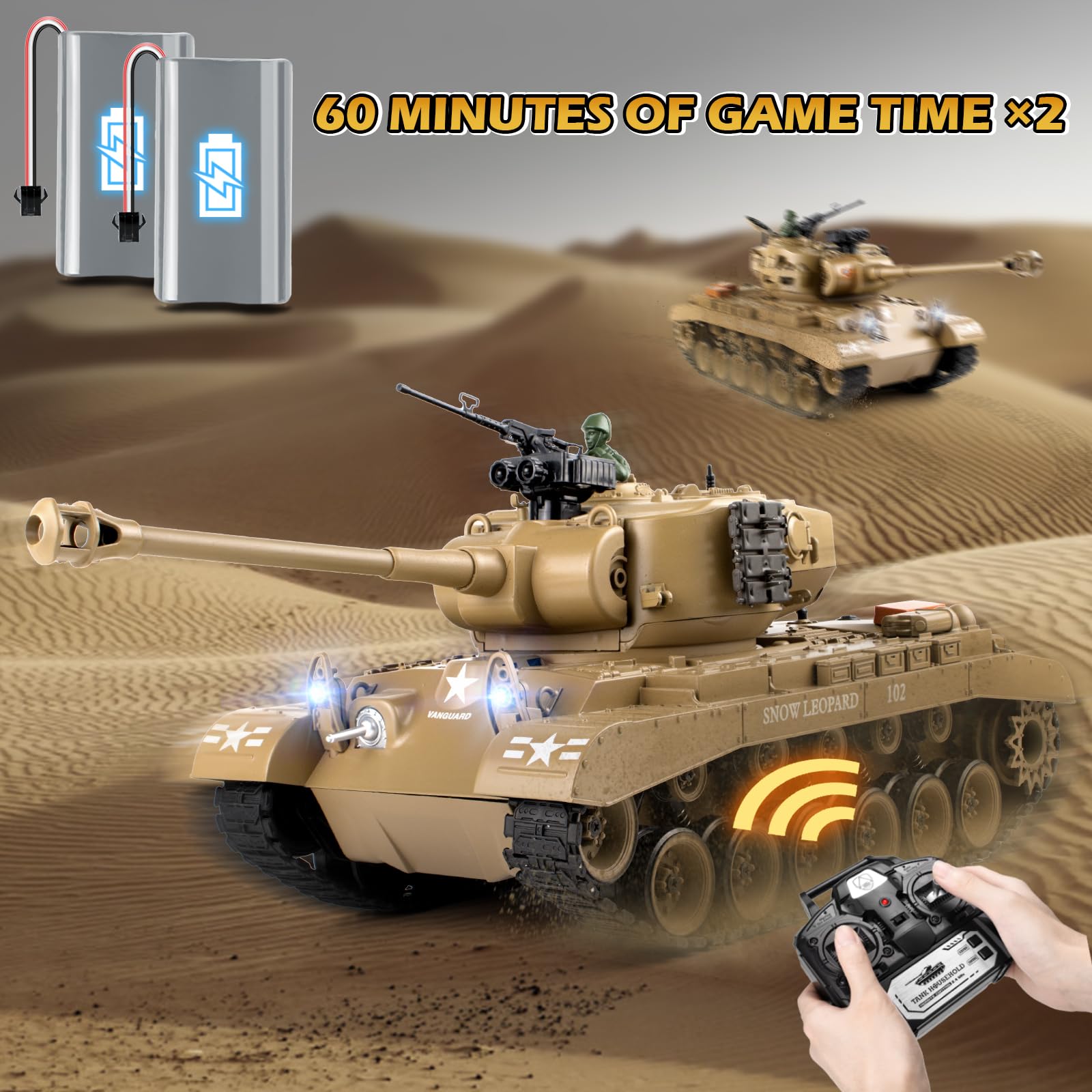 1:18 RC Tank, 2.4Ghz US M26 Pershing Remote Control Model Toys, RC Vehicle Army Tank That Shoots BBS and Water Bombs, Military Toy for Adults and Kids with Smoke, Lights, Sound and Recoil