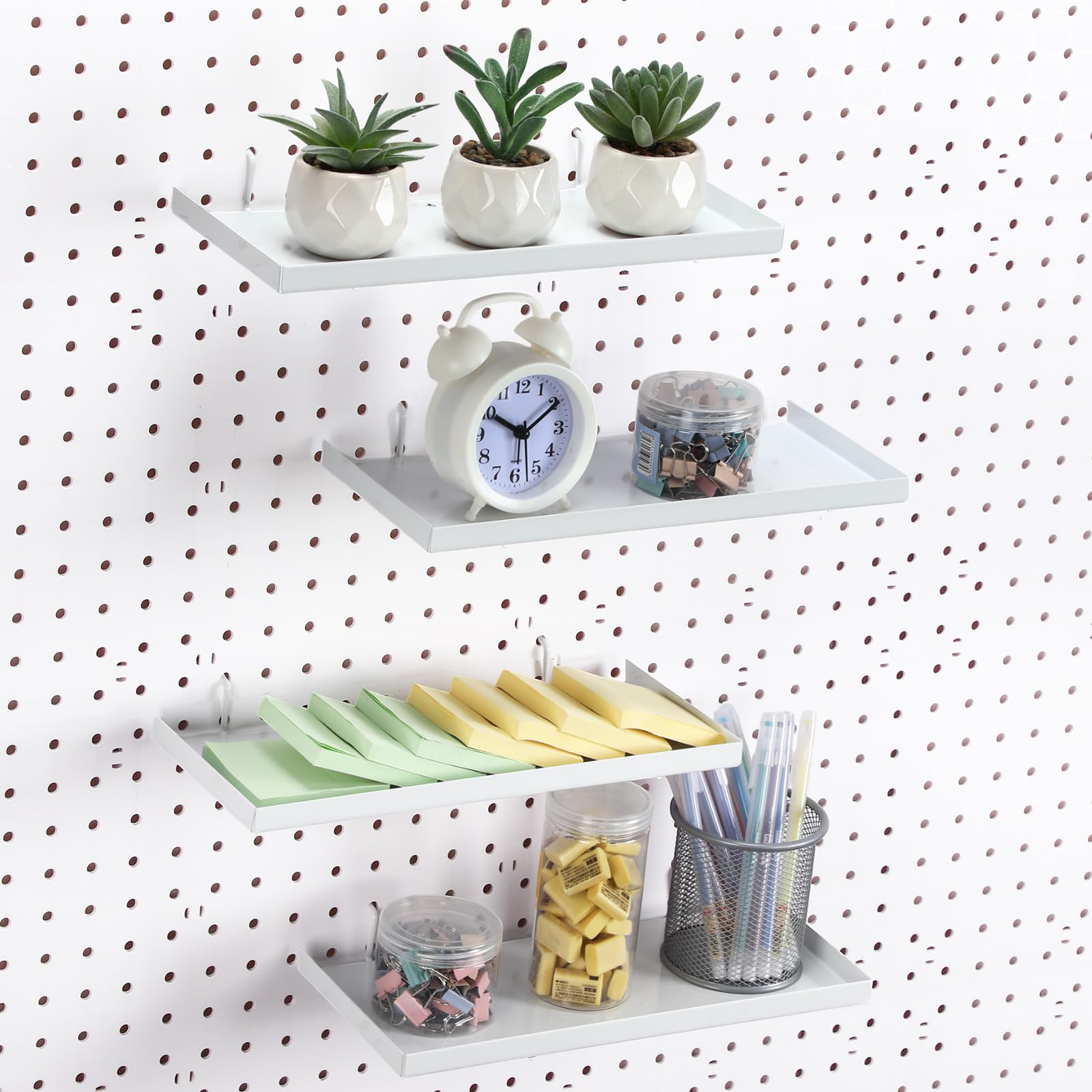 Photo 1 of Lineshading 4 Pcs Pegboard Shelves, 12 x 5 Inch Metal Shelf Brackets Pegboard Tray Accessories Wall Organizer for Craft Room Home Garage Nursery Workbench Kitchen (White)
