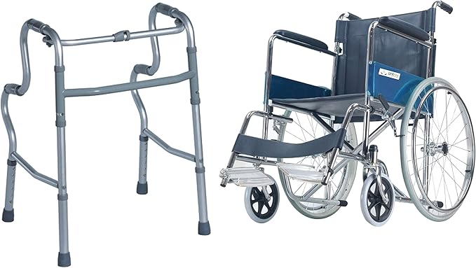 Entros SC809KD Steel Manual Foldable Fast Knocked Down Wheelchair (Silver) + Entros SC4015A Double-Bending Walker (Silver)