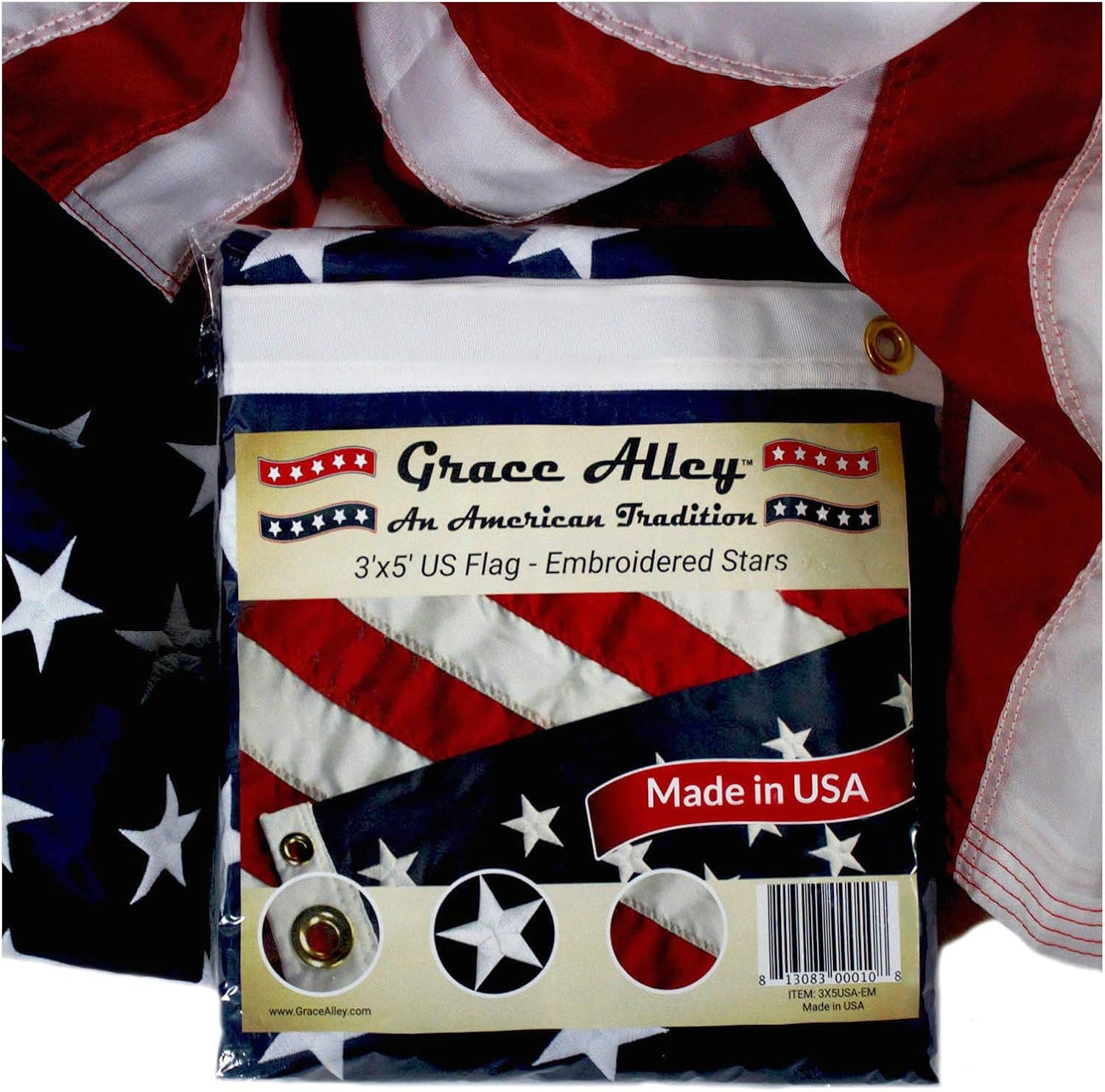 Grace Alley American Flag: 3x5 FT US Flag - 100% Made in USA. Embroidered Stars, Sewn Stripes and Brass Grommets. Fade Resistant, Heavy Duty, Long Lasting Nylon for Outdoor Durability. : Garden & Outdoor