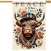 Starlit Patio Peace Love Highland Cow House Flag 28x40 Inch Funny Double Sided Buffalo Garden Flag Outdoor Lawn Yard Banner Retro Animal Floral Porch Decor for Home Farm Ranch