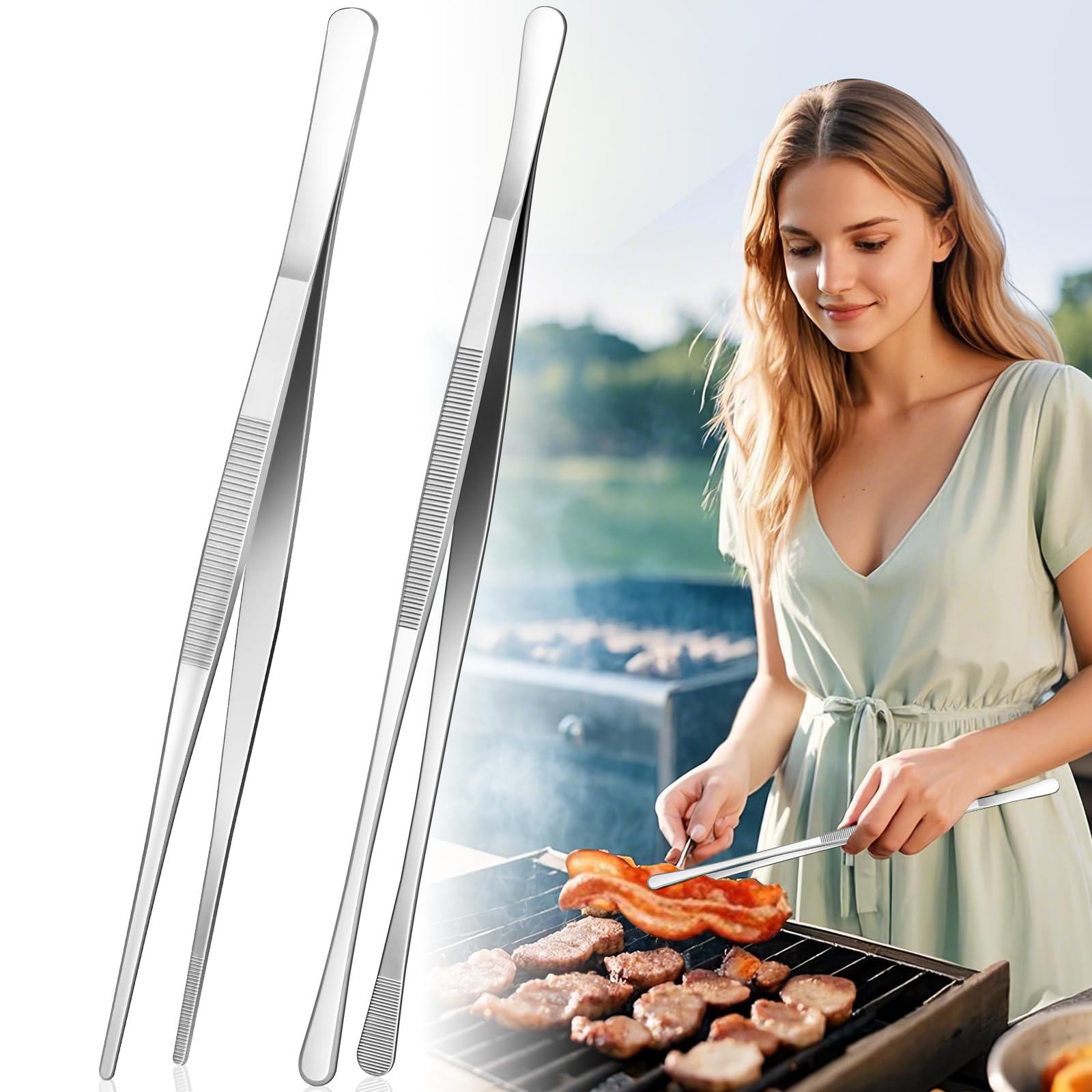 Photo 1 of 12-Inch Cooking Tweezers Tongs 2-Pack, Stainless Steel Kitchen Tweezers with Dual-Head Design and Non-Slip Grip, Chef Tweezer Tongs for Frying, Plating, Pasta, BBQ, Air Fryer, Food Prep Tools