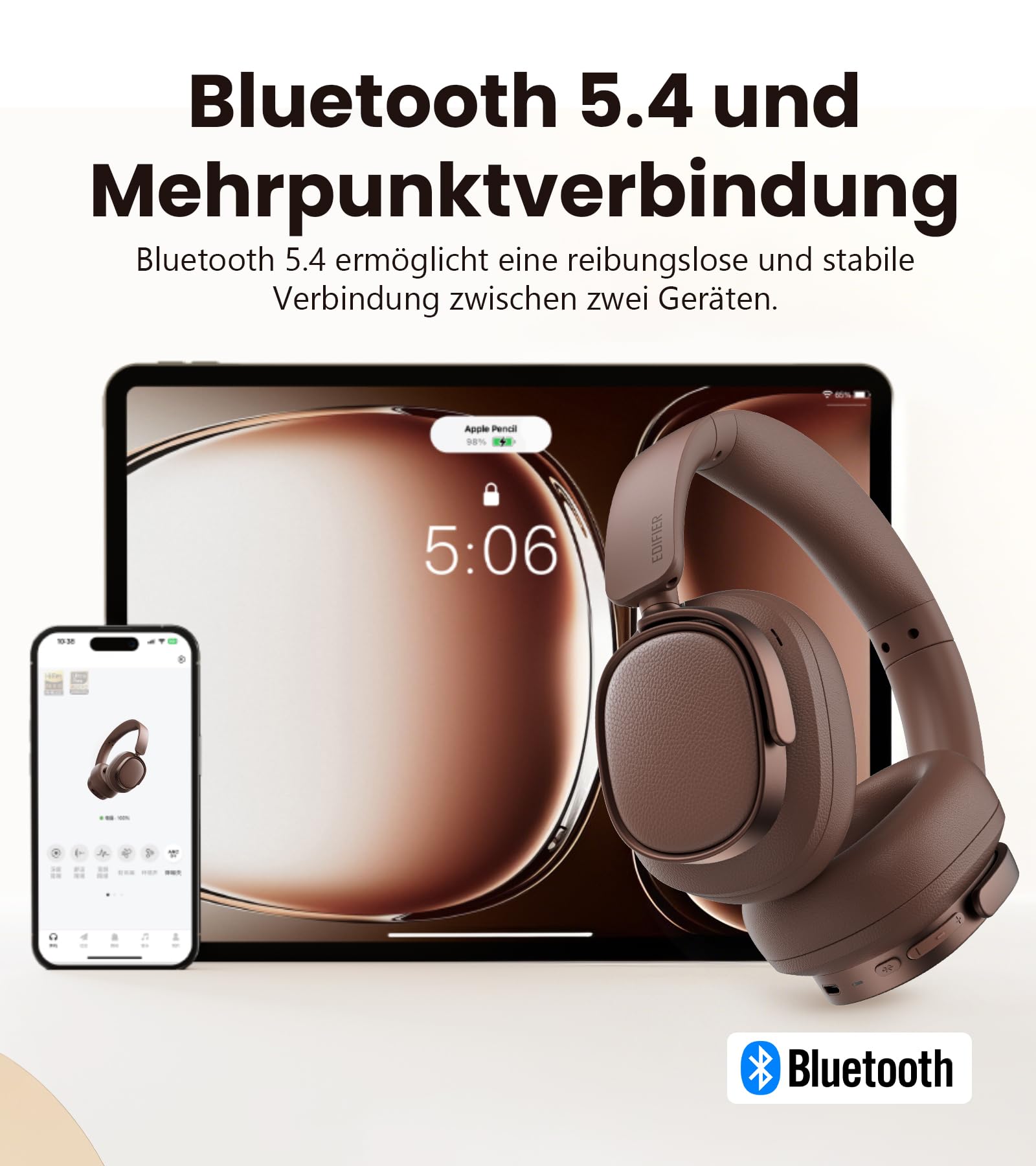 Edifier ES850NB Kabellose Over-Ear-Kopfhörer mit Geräuschunterdrückung, Hi-Res Audio Wireless, LDAC, 92h Spielzeit, Bluetooth 5.4 & Multipoint, KI-Anrufgeräuschreduzierung, Faltbar – Braun 5