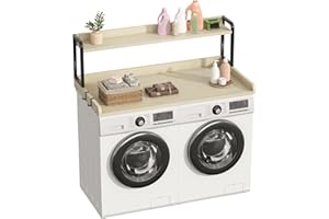 CBBPET 2-Tier Washer Dryer Countertop with 3.4" H Edge, 54" W x 27.6" D Laundry Countertop Over Washer and Dryer for Folding Clothes with 9 Non-Slip Pads & 3 Metal Hooks (Natrual Wood)