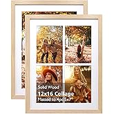 KINLINK 12x16 Collage Picture Frame Natural, Solid Wood Frame with Acrylic Plexiglass for 11x14 Photos or Four 5x7 Photos with Mat Wall Display, 2 Pack