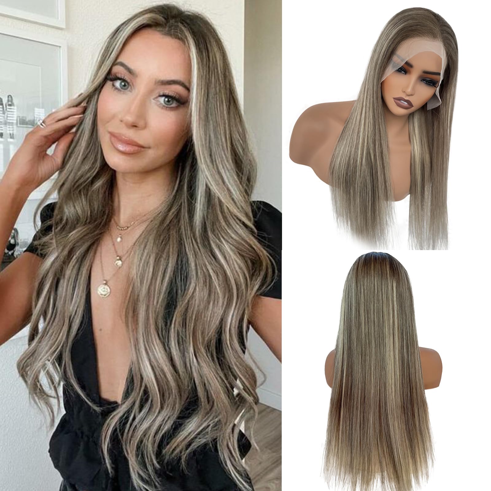Photo 1 of Munx 13x6 Ash Blonde Wig Human Hair, Glueless Lace Front Wigs 180% Density Low Highlights Blonde Deep Hairline Lace Frontal Wigs for White Women Pre Plucked Dark Brown Roots Human Hair 18Inch