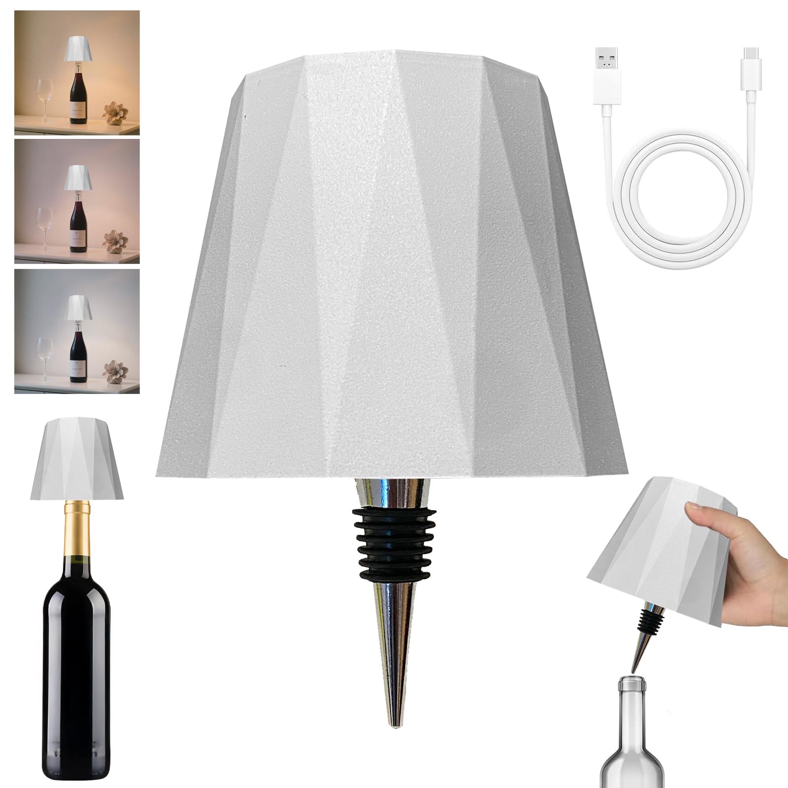 Photo 1 of Sigasanio Wireless Wine Bottle Lamp for Table Lamps, 3 Color Rechargeable Wine Bottle Lights for Bedroom Bars Restaurants (White)