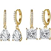 MDFUN 18K Gold Plated Dangle Hoop Earrings Set for Women Hypoallergenic Huggie Earring Sets Cubic Zirconia Drop Jewelry Gifts for Her