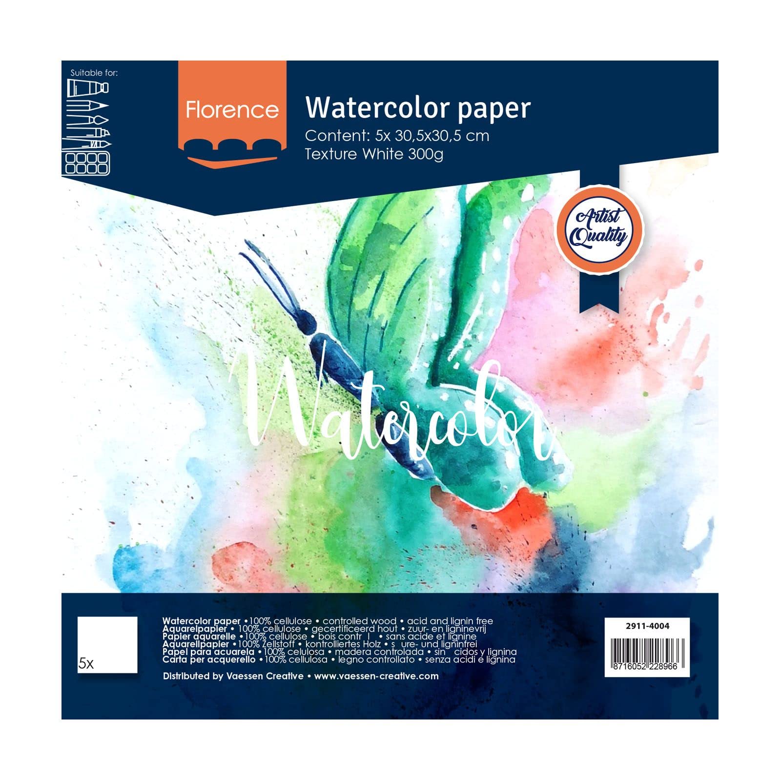 Vaessen Creative Florence Watercolour Paper 12 x 12, White, 300 GSM, Artist Grade Quality, Textured Surface, 5 sheets for Painting, Handlettering, Art Projects and More