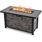 Fyround 48 Inch Rectangular Propane Fire Pit Table, 50000 BTU, Metal Top | Stone-look Panels, with Metal Lid, Lava Rocks &amp; Rain Cover, Ideal for Family Parties and Outdoor Daily Leisure