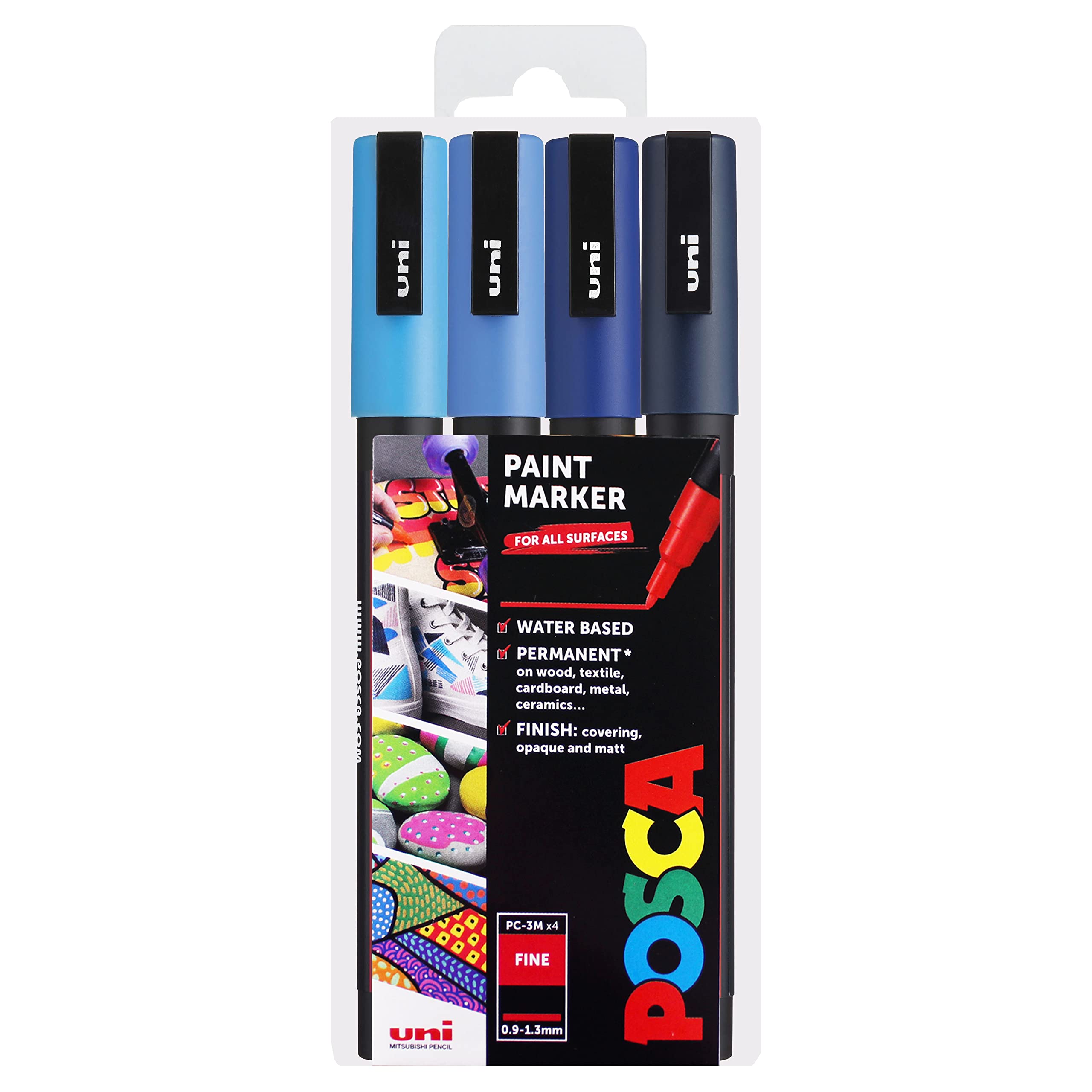 POSCA PC-3M Paint Marker Art Pens - 0.9-1.3mm – Blue Tones Set of 4 Pens in Wallet
