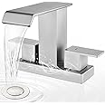 RARKEN 4 Inch Centerset Waterfall Bathroom Faucet with Pop Up Drain, Stainless Steel, Brushed Finish, 2 Handle, 3 Hole Basin Faucet