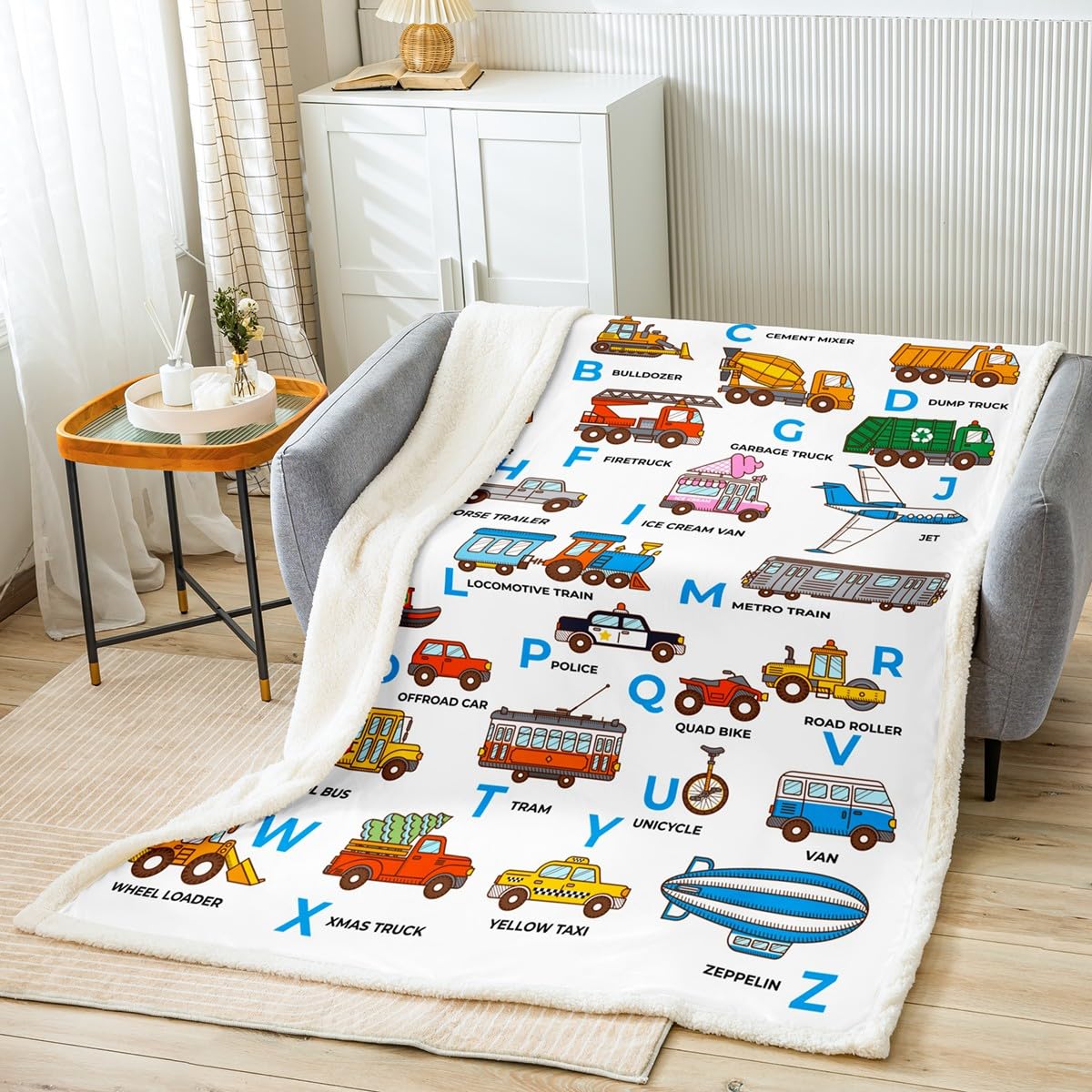 Car Sherpa Throw Blanket for Kids Boys Girls Cartoon Bus Train Vehicle Fleece Throw Blanket Bus Construction Excavator Fuzzy Plush Blanket ABC Alphabet BedDecor Flannal Blanket Single 50x60 Inch