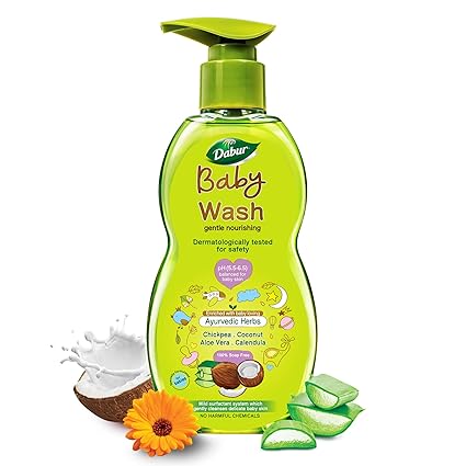 Dabur Baby Wash: with No Harmful Chemicals & Tear Free Formula |Contains Aloe Vera & Calendula | pH Balanced, Hypoallergenic & Dermatologically Tested with No Parabens & Phthalates-500 ml