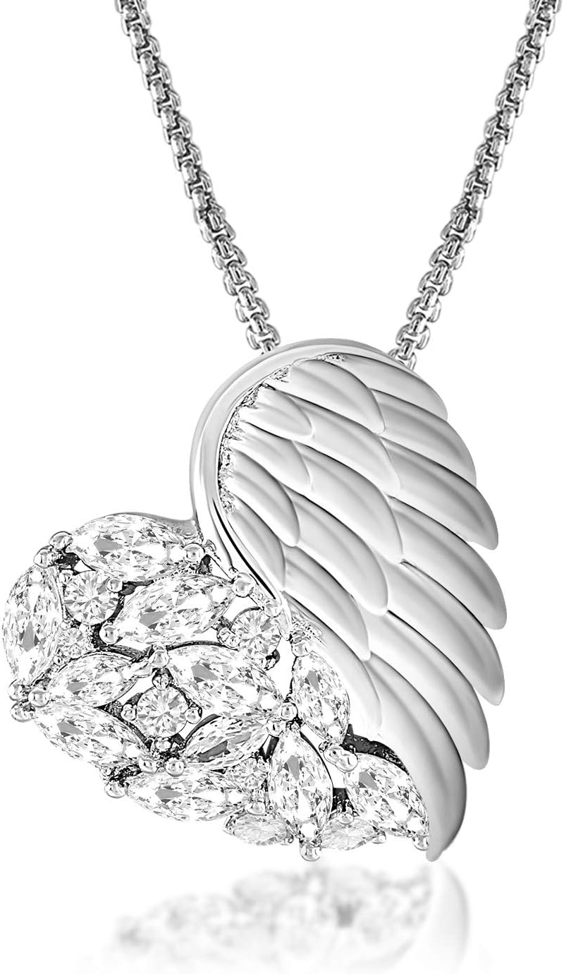 Silver Heart Pendant Necklace for Women Girls, 14K White Gold Plated Angel Wing Necklaces Jewelry Gift for Birthday Mother's Day